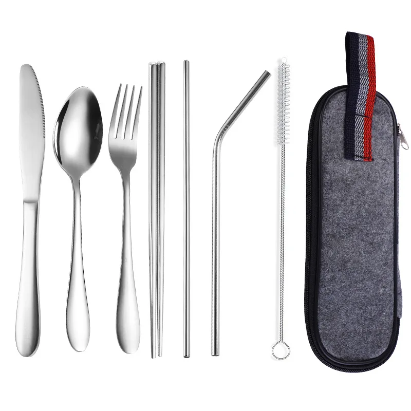 

Portable 8pcs/set Dinnerware Set Travel Camping Cutlery Reusable Silverware with Knife Straw Spoon Fork Chopsticks