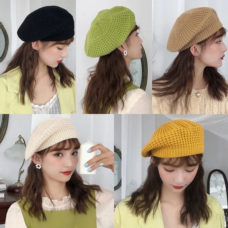 

British Style Berets Autumn Winter Cozy Warm Knitted Caps Solid Color Painter Hats For Ladies And Girls