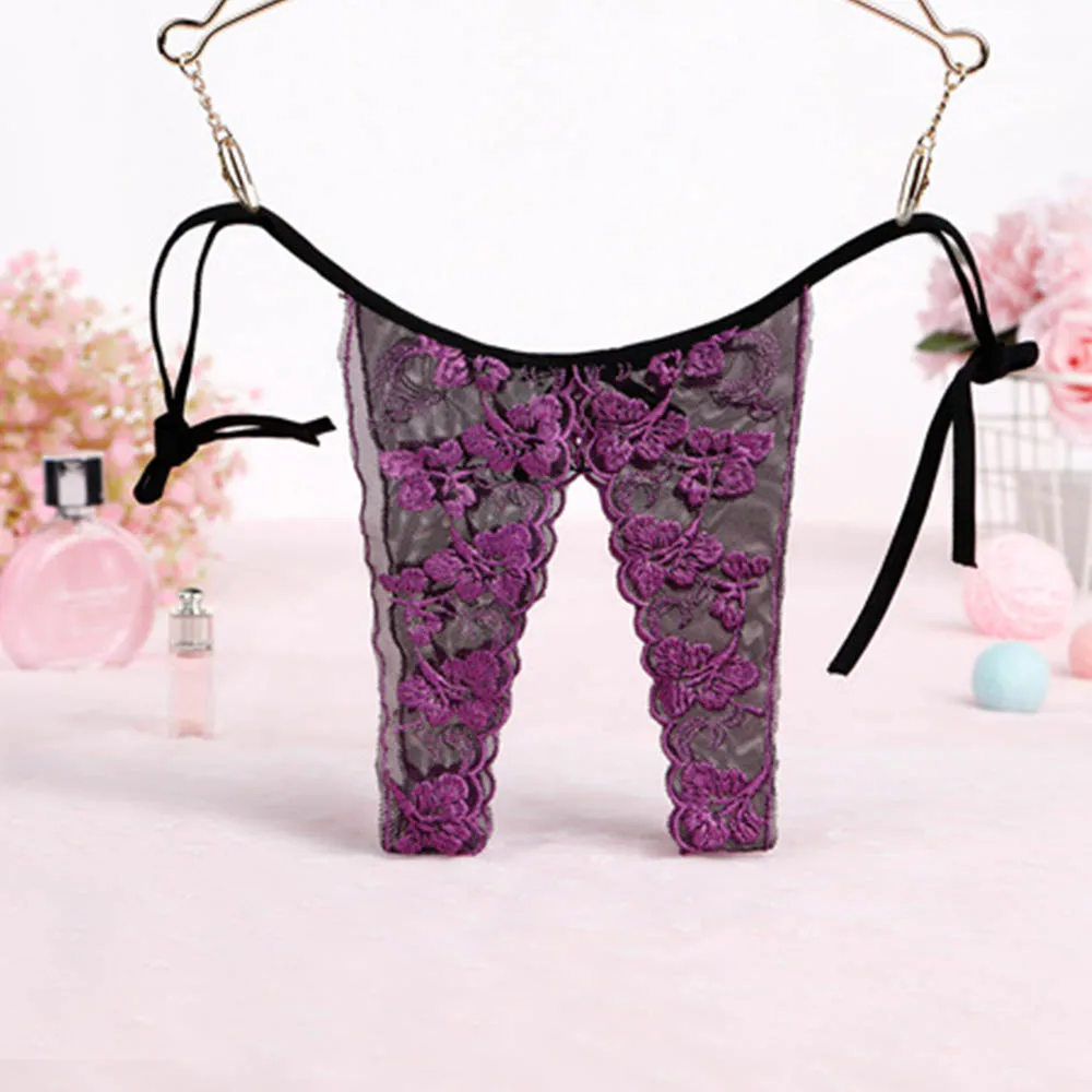 Purple Sexy Underwear Crotchless Embroidered Panties Exotic Women Lingerie Open Crotch Lace Floral Embroidery Thongs Lacing Briefs - Цвет: Purple