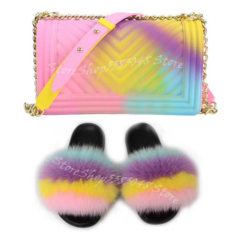 

Women Real Fox Fur Slides Candy Color Jelly Bag Cute Fluffy Luxury Raccoon Fur Slippers Outdoor Party Handbags Wholesale Purse