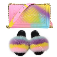 women real fox fur slides candy color jelly bag cute fluffy luxury raccoon fur slippers outdoor party handbags wholesale purse