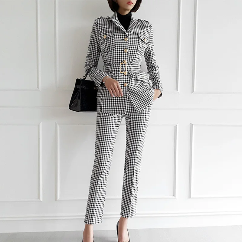 

Fashion slim women's suit two-piece New Temperament OL single-breasted plaid Casual Business blazer + pants Business set women