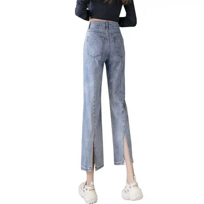 

ICCLEK 2021 summer new fashion casual wide-leg split jeans female port style nine-point jean