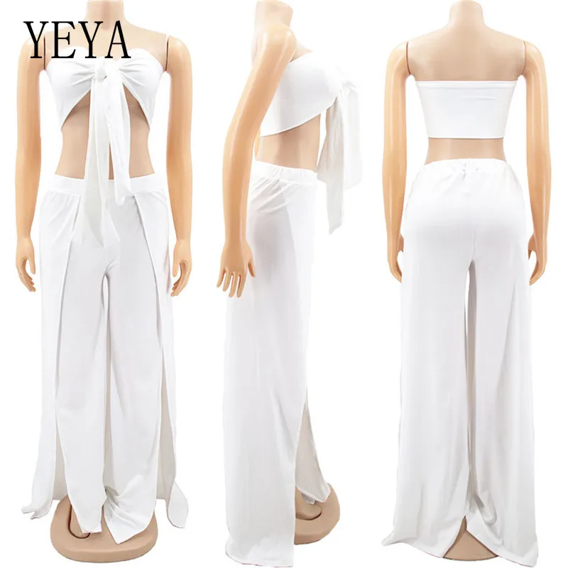 

YEYA Irregular Sexy 2 Piece Sets Lace Up Off Shoulder Sleeveless Breast Wrap Top Side Split Pants Casual Party Streetwear Outfit