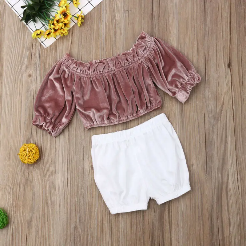 2019 Baby Summer Clothing Toddler Kids Girls Clothes Off Shoulder Velvet Shirt Tops+Short Bottoms 2Pcs Outfits Set 6M-3T | Детская