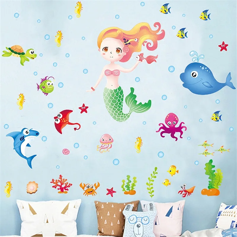 

Мультфильм Подводный Русалочка рыбы наклейки на стену для детей комнаты Настенные настенные наклейки плакат искусство украшение для спаль...