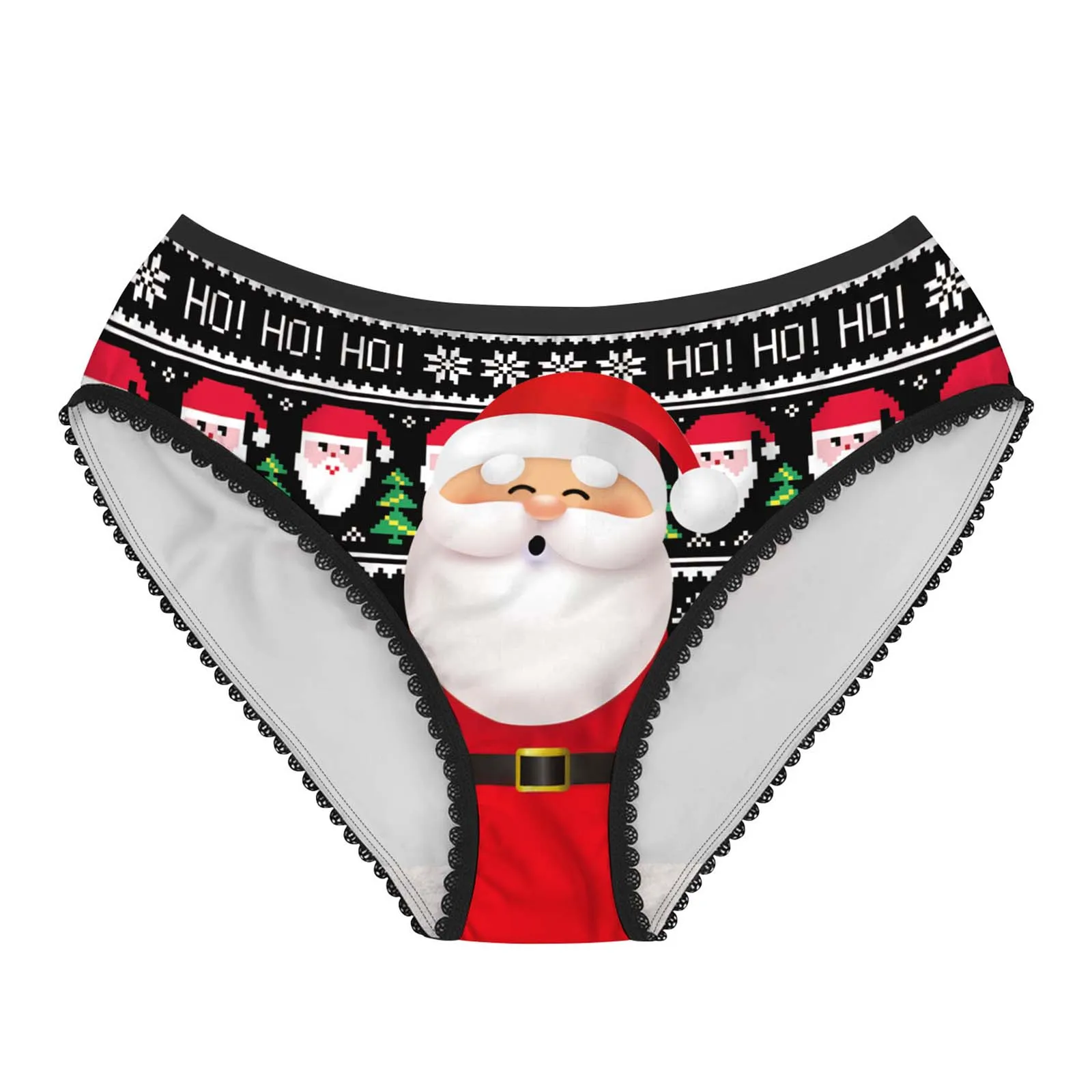 

Women Christmas Santa Claus Snowman Print Briefs Underwear Low Waist Lace Trim Panties Underwear Sexy Knicker Lingerie Underpant