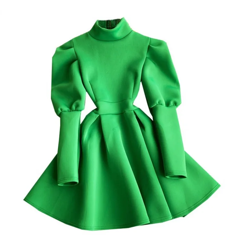 Dress female spring dress Korean temperament ladies high collar puff sleeve waist slimming French niche A-line big swing skirt slimming 3 4 sleeve a line dress