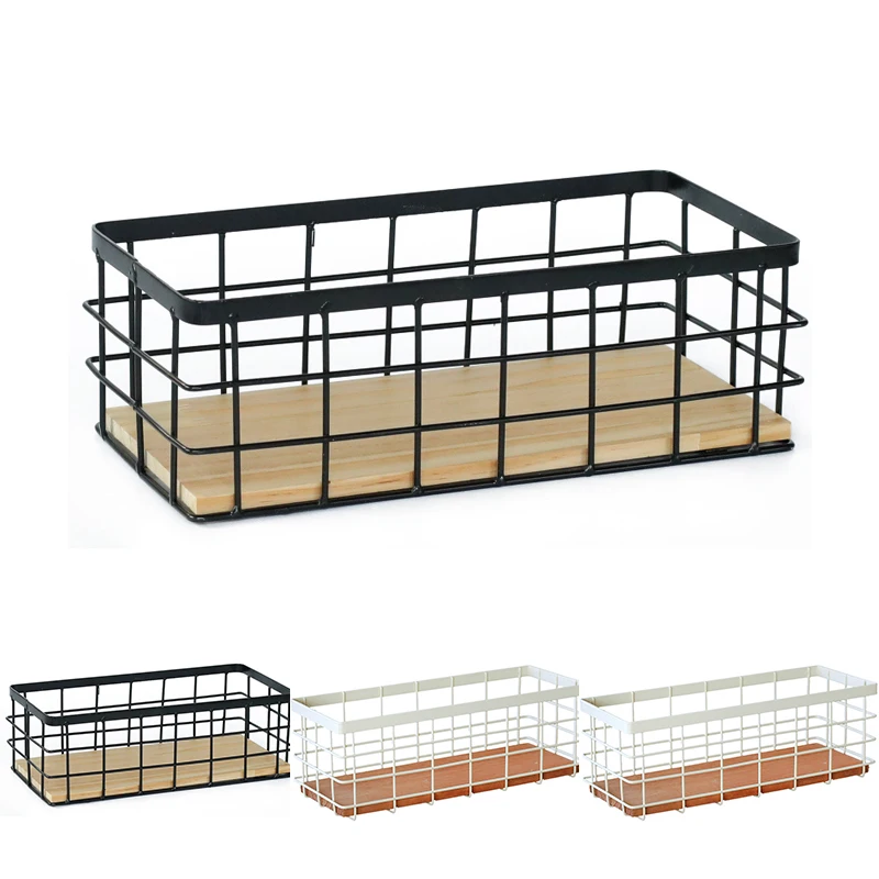 

1 PCS Iron Storage Baskets Wall-Mounted Shelves Removable Wooden Base Storage Cabinet Baskets