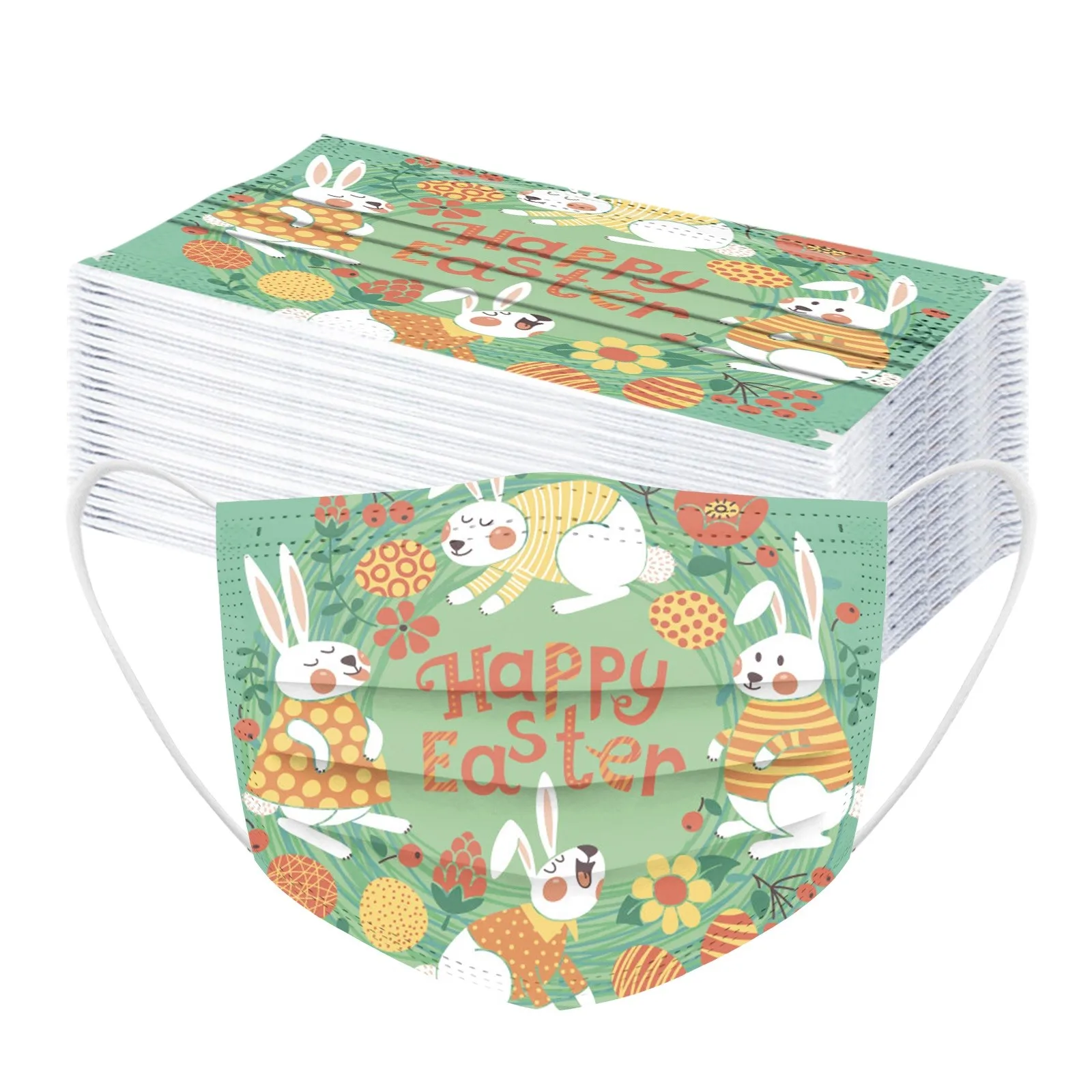 

50PCS Adult's Happy Easter Protection 3 Layer Cartoon Disposable Face Mask Breathable Dust Earloops Masks Face Masks Fast Ship
