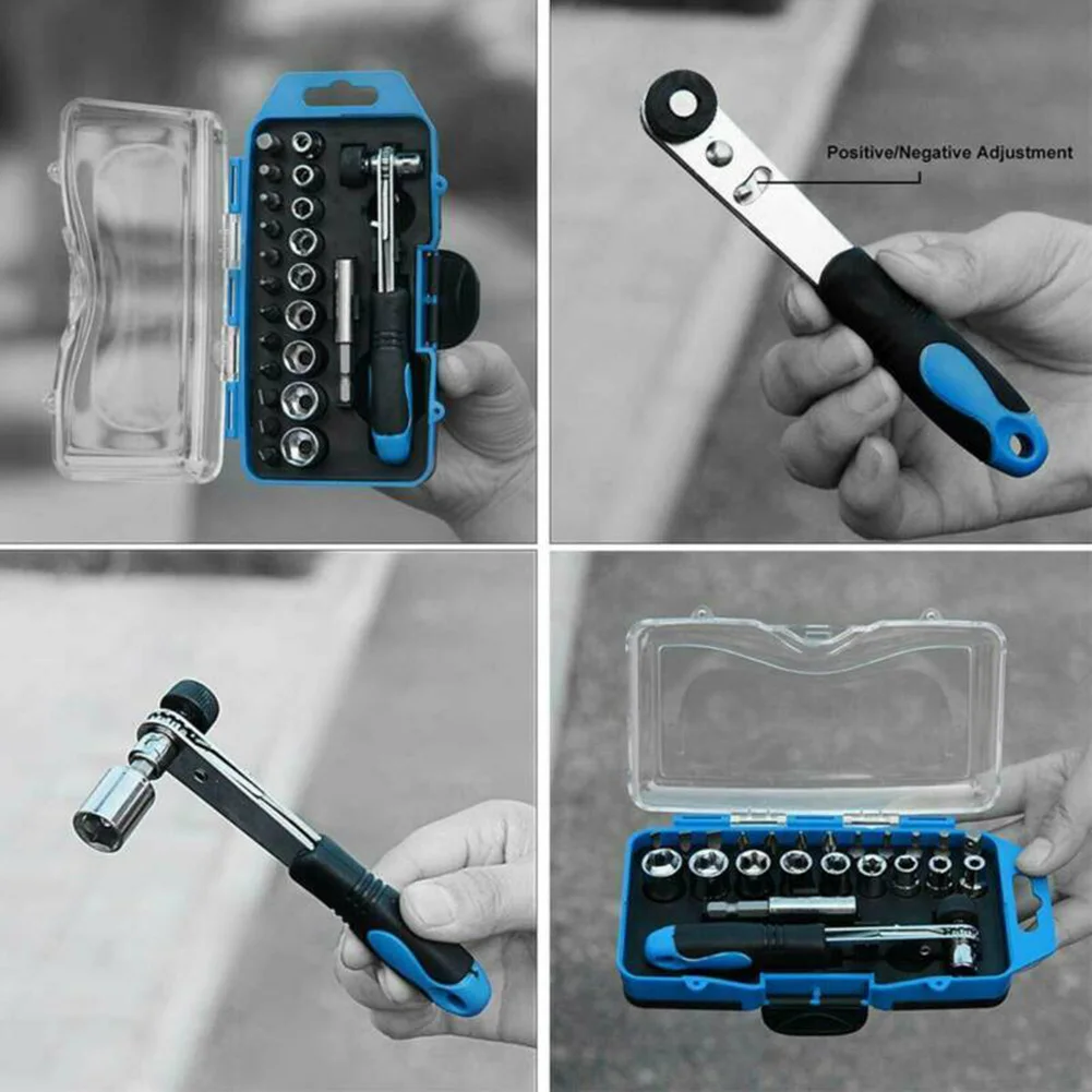 

23pc 1/4" Drive Socket Mini Ratchet & Screwdriver Bit Set Reversible Ratchet Screwdrivers 23pc Socket Bit Set