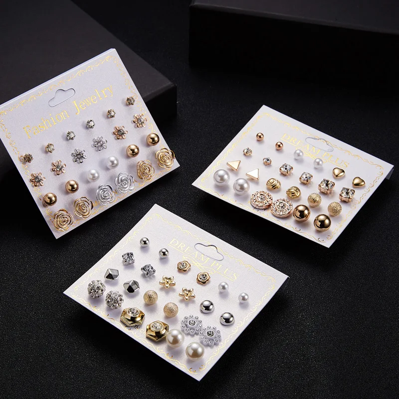 

12Pairs Crystal Stud Earrings Set With Card Zircon Balls Love Flowers Earrings Women Imulated Pearl Earring Wedding Jewelry Gift