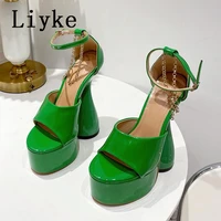 liyke platform chunky sandals women black green patent leather open toe high heels fashion chain ankle strap pole dance shoes