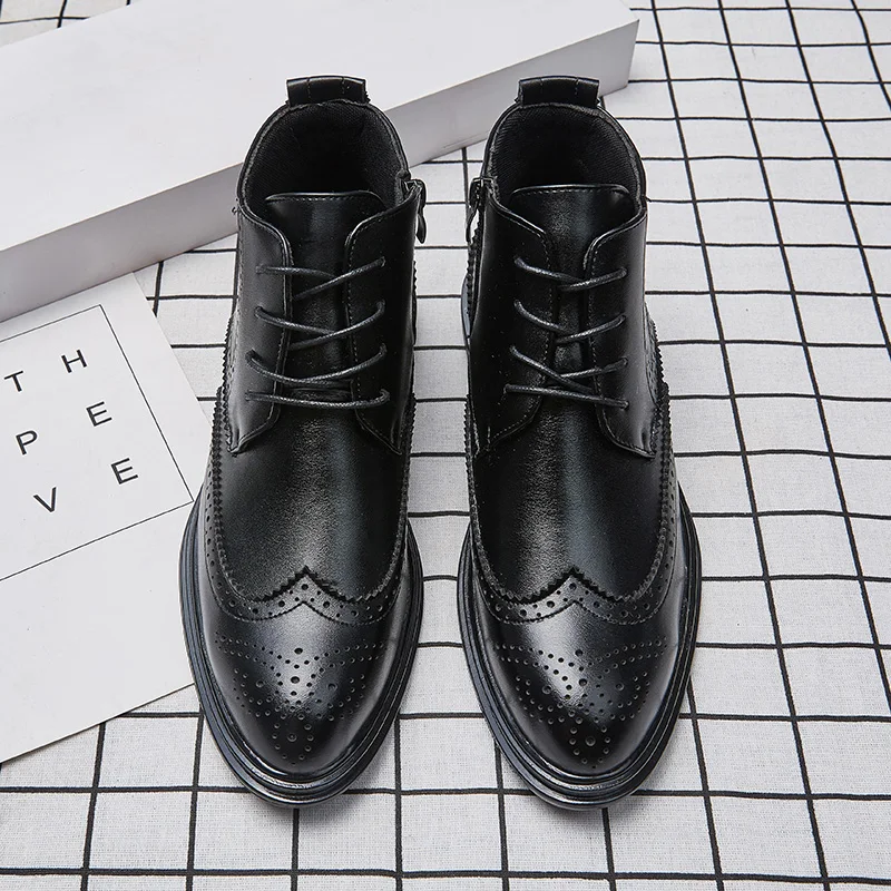 Ботинки OZERSK мужские на молнии теплые кожаные Полусапоги броги деловая обувь