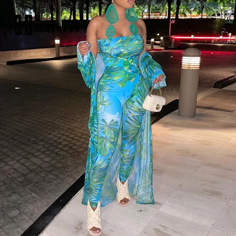 

Tropical Print Fashion Tropical Two Piece Set Women Full Sleeve Slash Neck Jumpsuit Long Cardigan 2 Piece Set Women