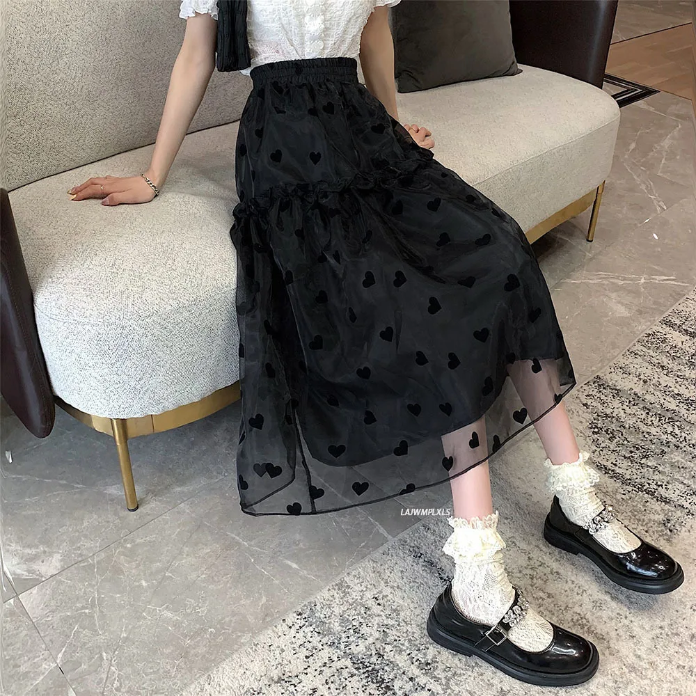 

Korean Style Faldas Mujer Summer 2021 Gauze Skirts Women Love Heart Pattern High Waist A Line Midi Skirts Casual Sweet