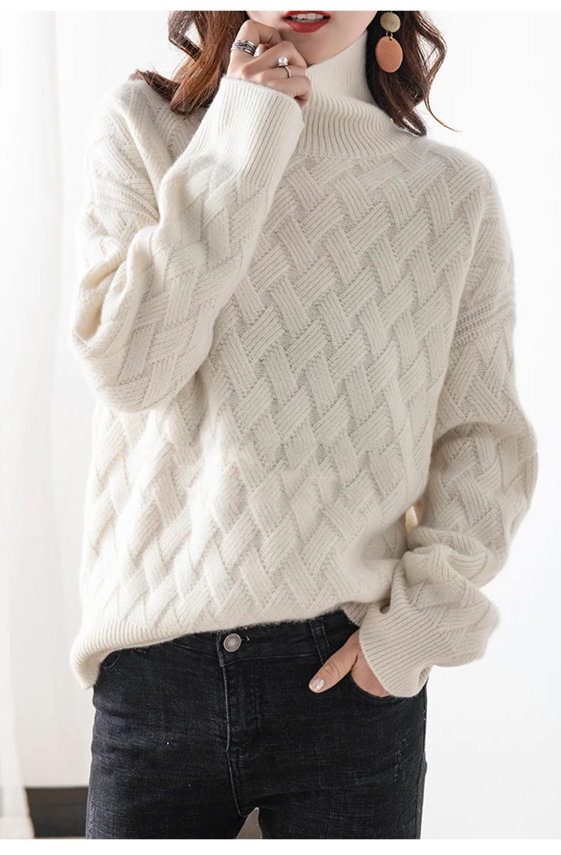 Women's 100% Real Wool Thick type Mock Neck Pullover Long Sleeve Sweater Top S M L XL YS007