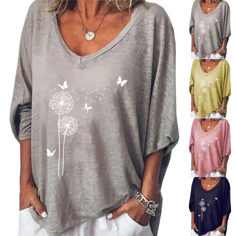 

Women Butterfly Printed V-Neck T-Shirt Long Sleeve Casual Baggy Blouse Tops Tee