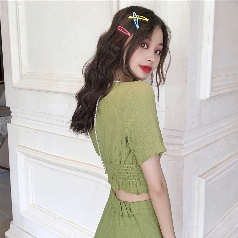 

Women Summer 2 Two Piece Set Elegant Short Sleeve Crop Tops with High Waist Long Skirt Buttons