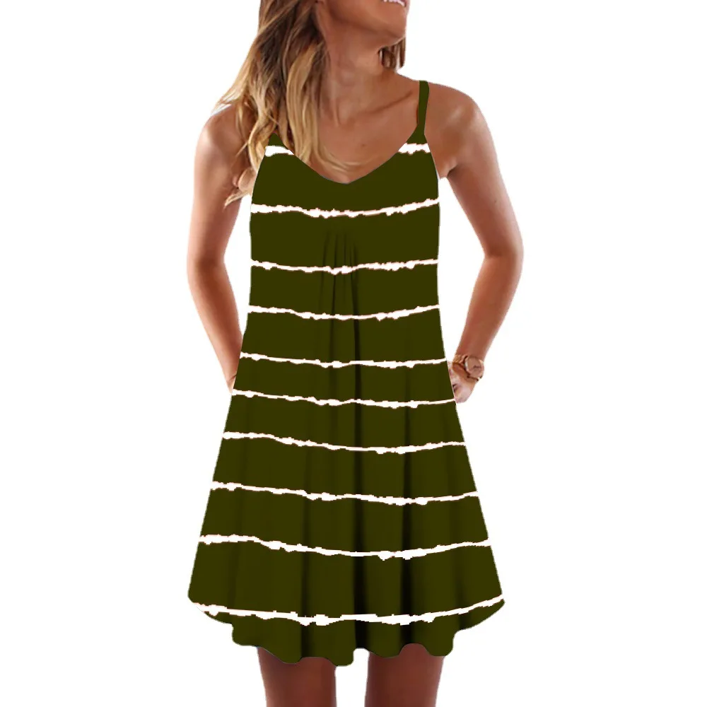 

2021 new tie-dye gradient diagonal stripe horizontal pattern printing V-neck suspender skirt dress french dress women