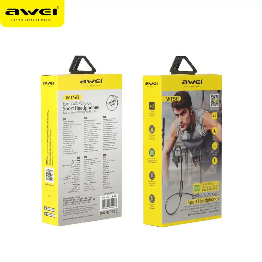 

AWEI WT50 Sport Wireless Earphones Bluetooth Dual Power!!Ear-hook Waterproof IPX4 Headset Noise Reduction HiFi Stereo Sound