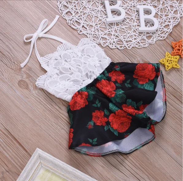 0-3Y Summer Outfits Newborn Toddler Baby Girls Halter Neck Floral Lace Flower Printed Wide Leg Shorts Rompers Playsuits | Детская одежда