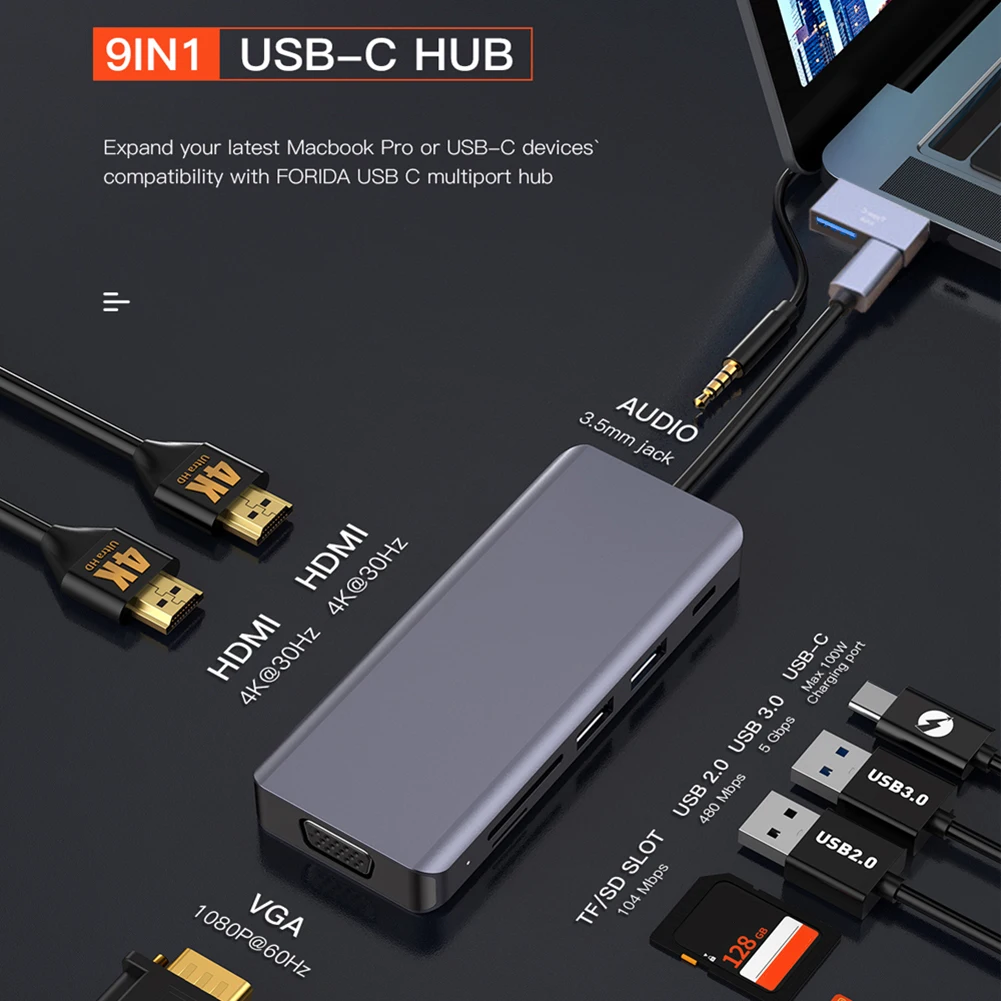 

New Dual Type-C to Dual HDMI-compatible VGA Docking Station Multi-ports 3x USB 3.0 100W PD Converter Hub Adapter for MACBook