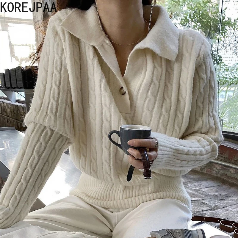 

Korejpaa Vintage Knitted Sweaters Women Autumn Winter Casual Long Sleeve Chic Button Turn-down Collar Elegant Pullover Femme