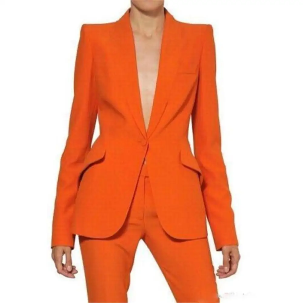 2020 Newest Bespoke Orange Womens Pant Suits Long Sleeves Ladies Business Office Slant Pockets Tuxedos Formal Work Wear Suits