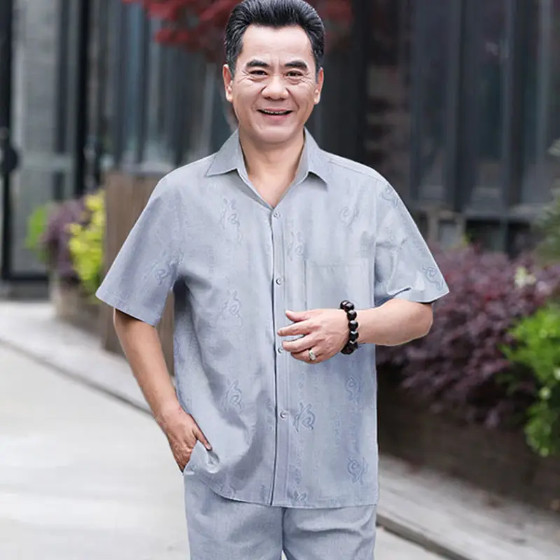 

Linen suit for middle-aged and old people Tang suit for middle-aged and old man short sleeve summer shirt for old man cotton and