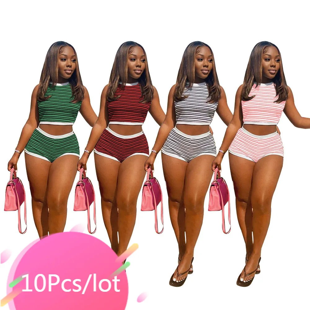 

Wholesale Shorts Bulk Two Piece Set Women Shorts O-neck Striped Print Crop Tops Short Pants Ribbed Knit Sporty Summer Outfits