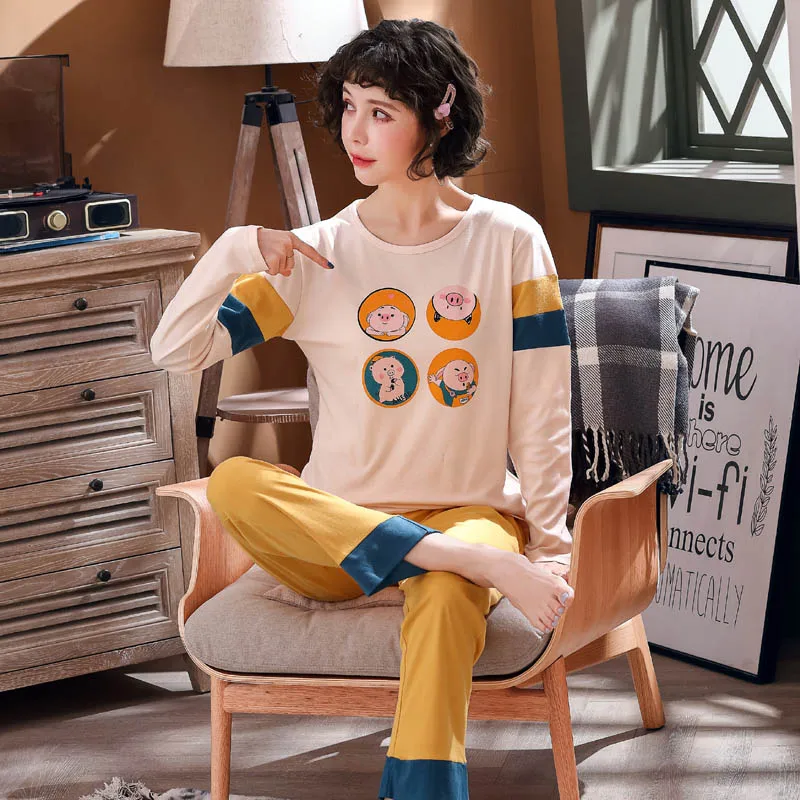 Смешанные цвета женские пижамы набор осень 2019 круглый вырез s длинный рукав