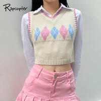 rapcopter y2k sweaters plaid patched knitwear sleeveless v neck knitted tank top preppy style pullovers crop top autumn women