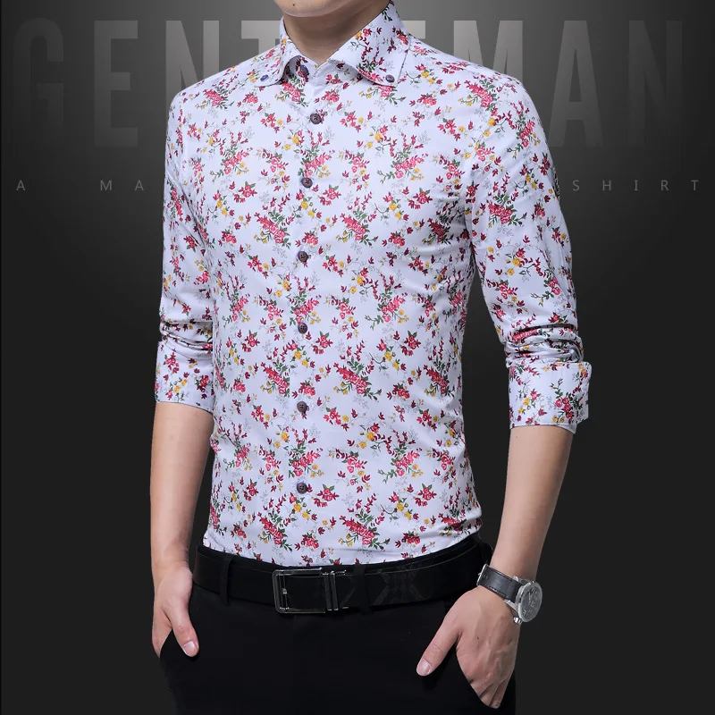 

New Men's Casual Slim Fit Business Dress Shirts Fashion Flower Printed Male Long Sleeve Thin Formal Shirts Brand Clothes M-5XL