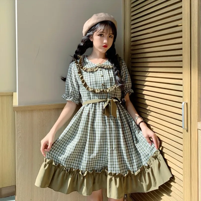 

Милое милое платье принцессы Лолиты, мягкое милое платье для сестры, милое зеленое клетчатое платье с круглым воротником, платье в стиле кол...