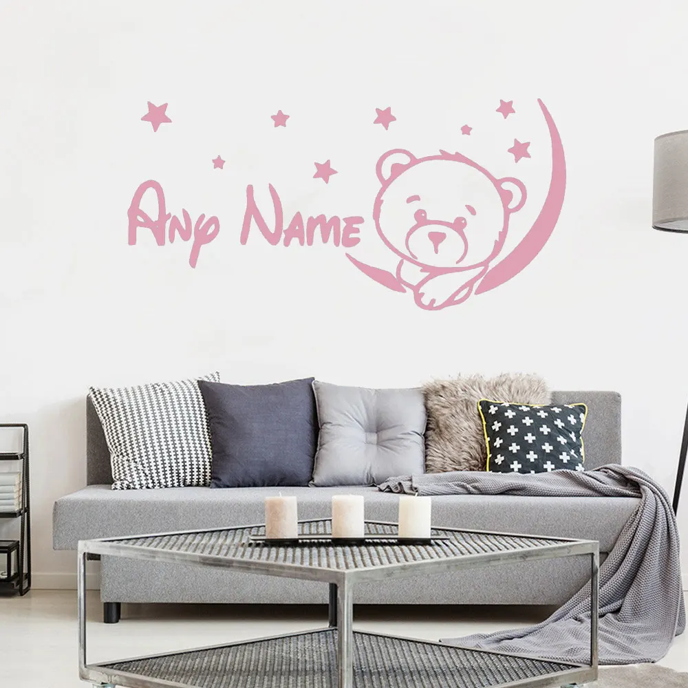

Kids Room Wall Stickers Bear Moon Stars Vinyl Decals Babys Bedroom Decoration Personalized Decor Custom Names Art Mural DW8575