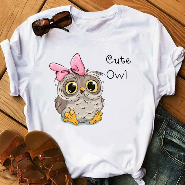 

Cartoon Owl T Shirt Women Printed Graphic T Shirts Short Sleeved Casual White Female Tee Shirt Round Neck Harajuku T-shirts