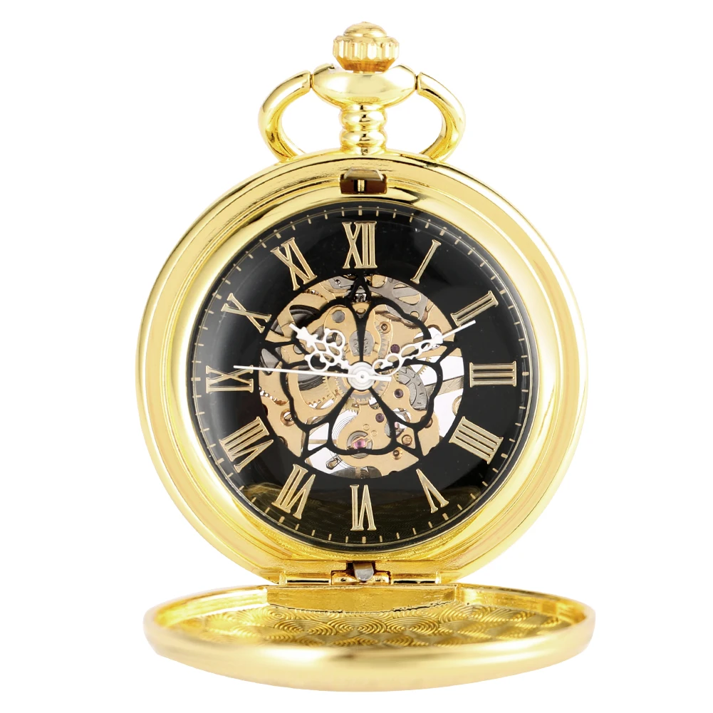 

Noble Golden Men Women Pocket Watch Black Dial White Hour Hand Manual Mechanical Clock Thick Chain Pendant Anniversary Gift