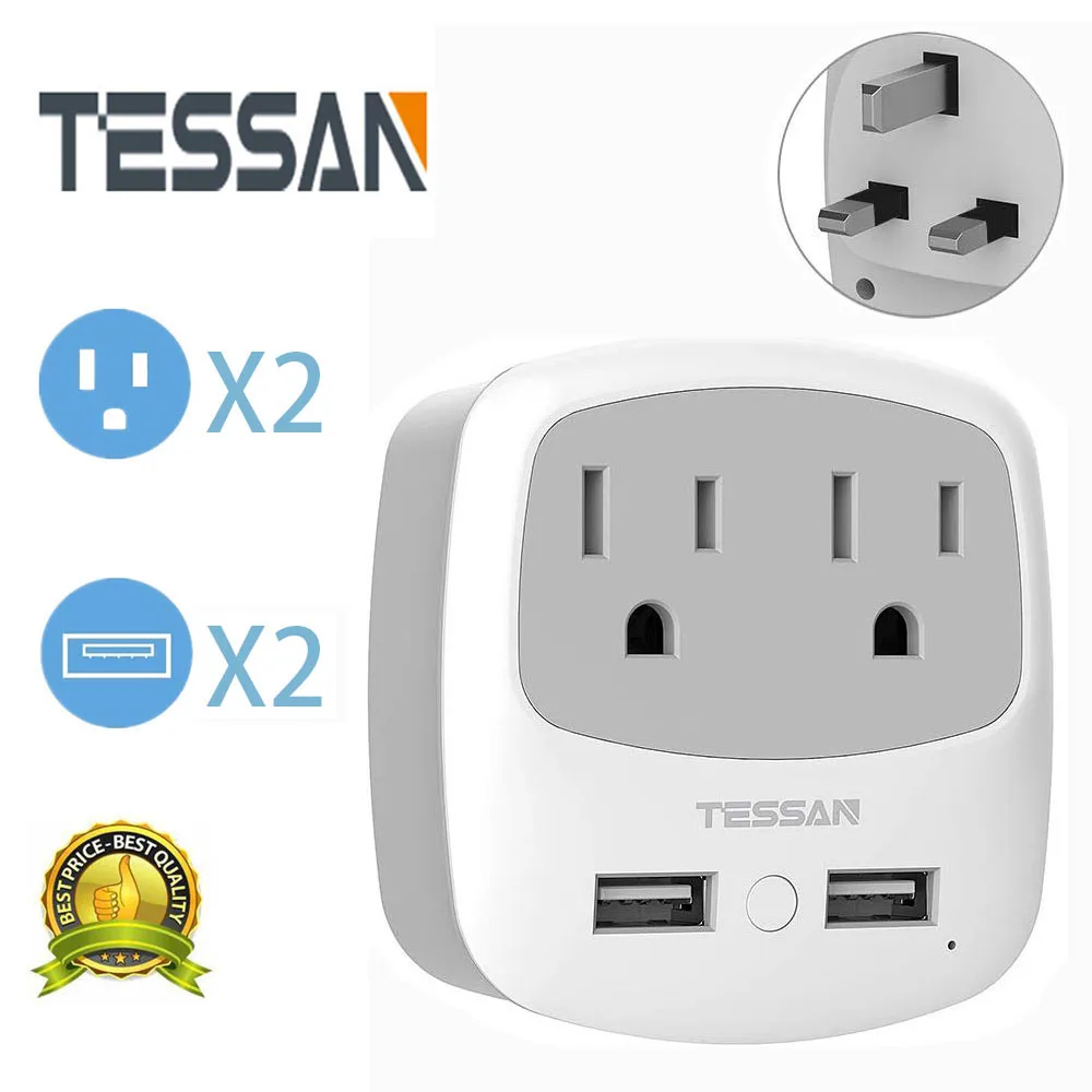 

TESSAN US to UK Ireland Scotland Travel Power Adapter, Type G Plug Adapter With 2 USB Charging Ports and 2 American Outlets
