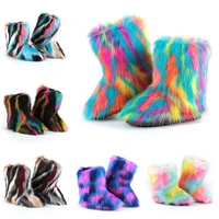 winter womens faux furry boots outdoor plush platform cotton shoes ladies fluffy high rainbow snow boots girls furry boots