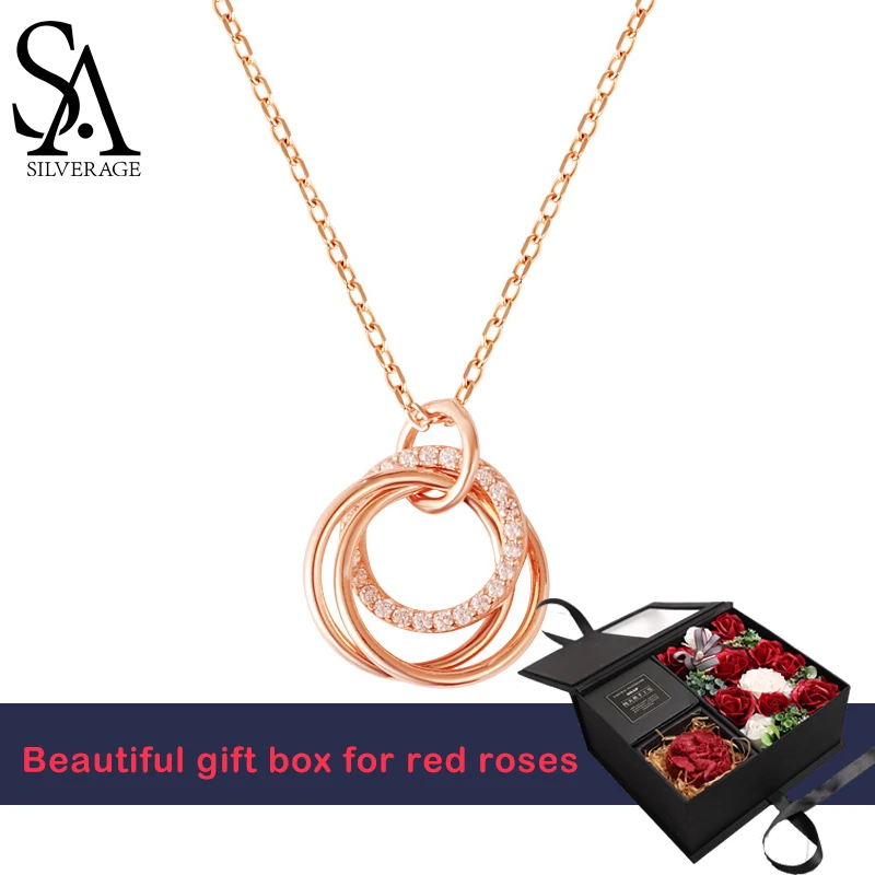 

SA SILVERAGE Pendant Clavicle Chain Women's Rose Gold Necklace 2021 NEW 925 Sterling Silver Luxury Fashion Three Ring Diamond