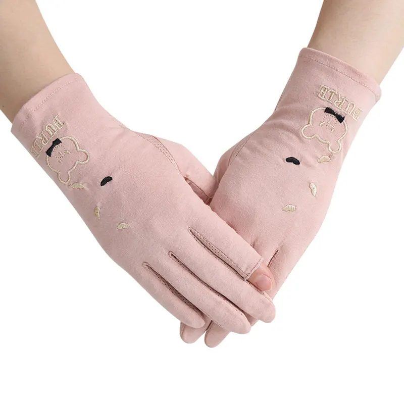 

1 Pairs Cartoon Cute Bear Embroidery Gloves For Women Summer Sunscreen Non-Slip Anti-Uv Thin Cycling Driving 2 Fingers Gloves