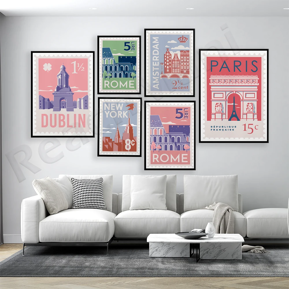 

New York, Italy, Rome impressions, Paris, Dublin, Amsterdam impressions of city skylines mid-century city travel posters