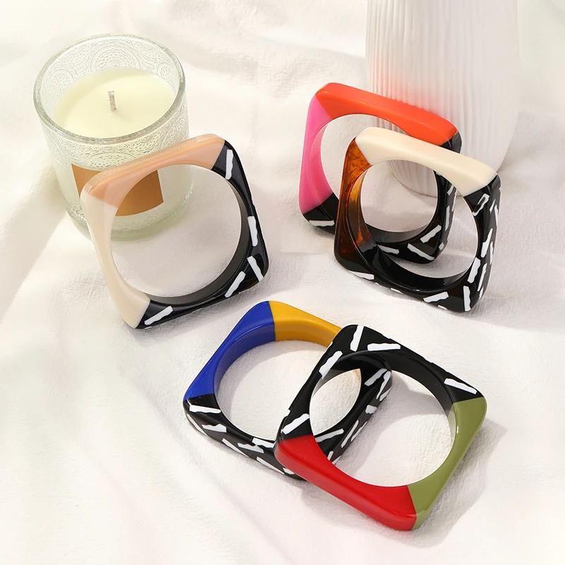 

Bohemian Acrylic Resin Bangles For Women Charm Colorful Indian Big Square Bracelets Bangles Girls Vintage Multicolor Jewelry