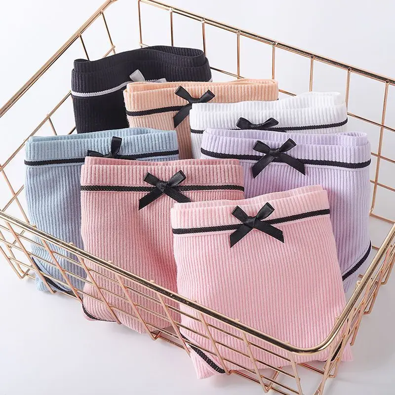 

2PCS/lot Cotton Panties Women Underwears Solid Colors Middle-Waisted Underpants Female Lingerie Bow-knot Comfort Female Briefs