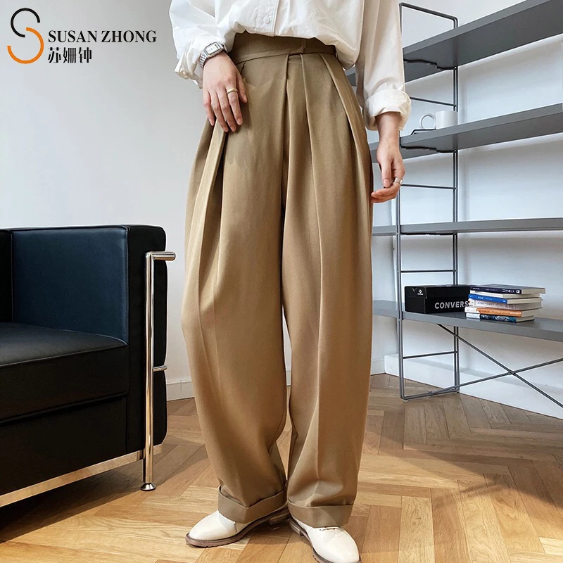 

Women Trousers Female Ladies Long Suit Pants Autumn Winter High Waist Straight Loose Wide-Leg Pleated Pockets Zipper Fly Office