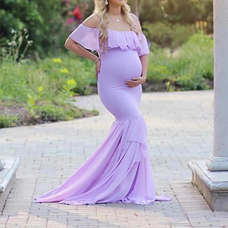 

2021 Summer Dress New Women's Lace-Up Pregnant Women Trailing Short-Sleeved One-Piece Long Dress Photography Flying Sleeve Dress