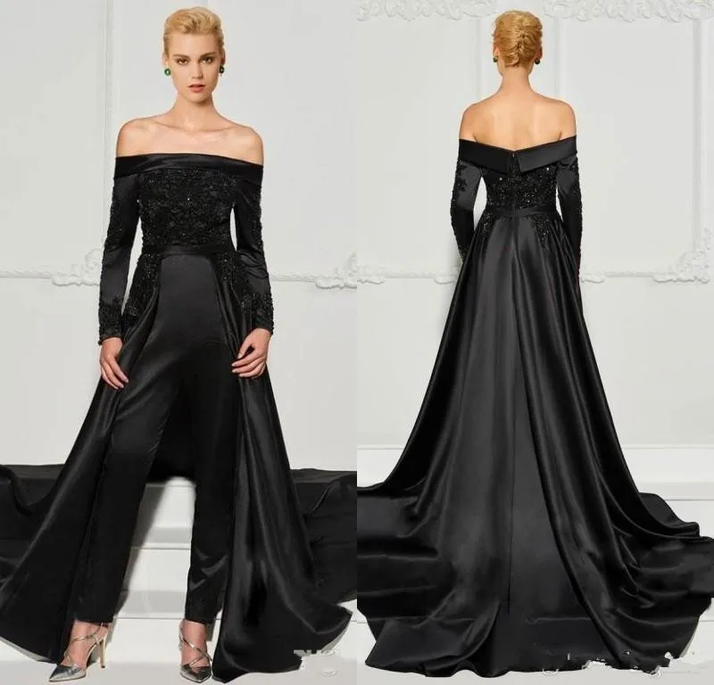 

Черные кружевные комбинезоны, вечерние платья со съемным шлейфом, с открытыми плечами, украшенные бисером, вечерние платья с длинными рукав...