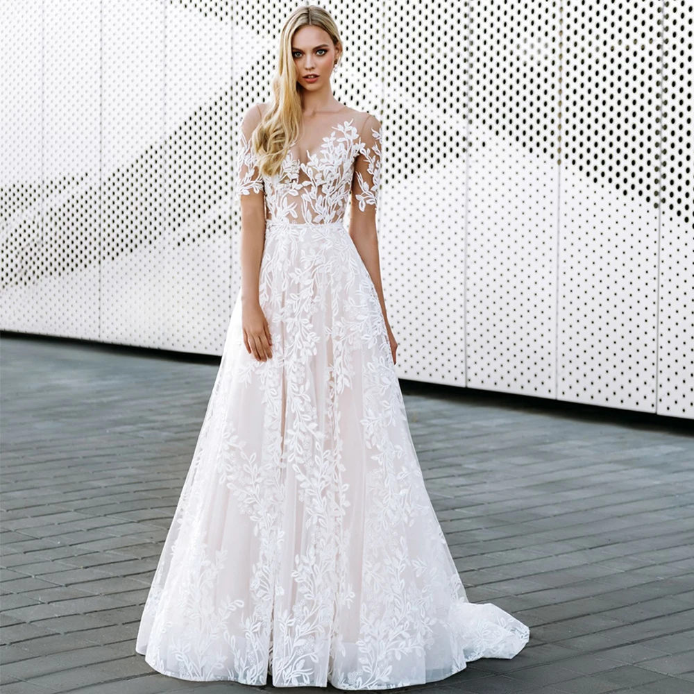 

A-Line Tulle Wedding Dresses O-Neck Lace Short Sleeve Boho Button Back Appliques Sweep Train 2021 Bride Gowns Vestido De Noiva