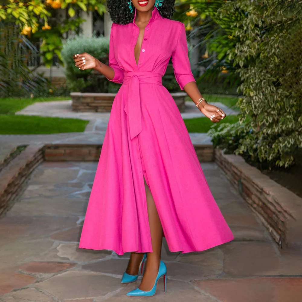 

Платье-рубашка с отложным воротником, однотонное, с длинным рукавом, в африканском стиле, Европейская и американская мода, лето 2021